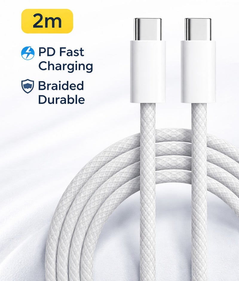 كابل تايب سي إلى تايب سي 2 متر – شحن سريع PD – سلك مجدول متين – للابتوب وماك بوك وآيفون 15/16 وآيباد - Image 1